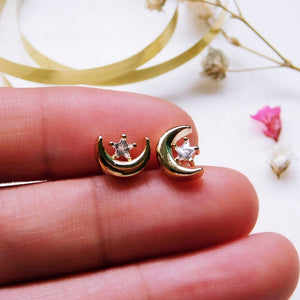 Crescent Moon + Crystal Star Gold Stud Earrings