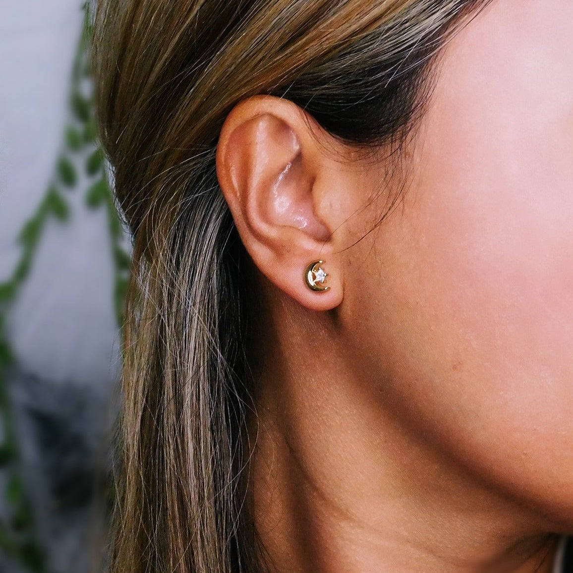 Crescent Moon + Crystal Star Gold Stud Earrings