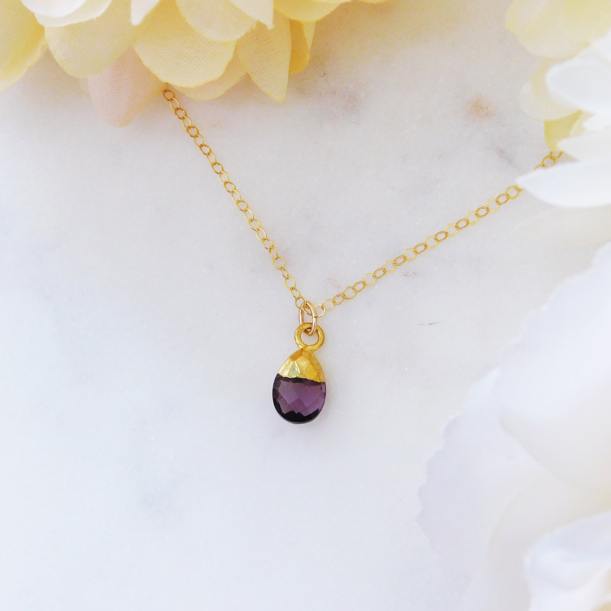 Tiny Amethyst Drop Gold Necklace